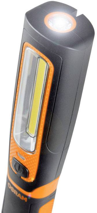 Une lampe de poche noir et orange avec éclairage LED, qui est verticale. Elle possède un éclairage frontal lumineux en haut.