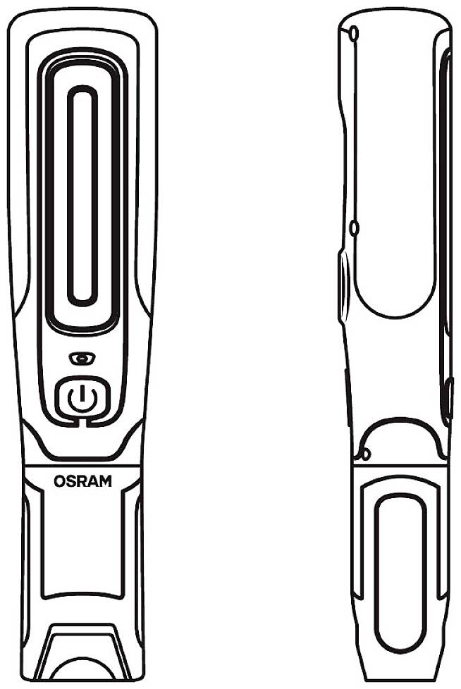 Dessin au trait d'une lampe de poche Osram en deux vues. Vue de face à gauche avec interrupteur marche/arrêt et logo Osram, vue latérale à droite.