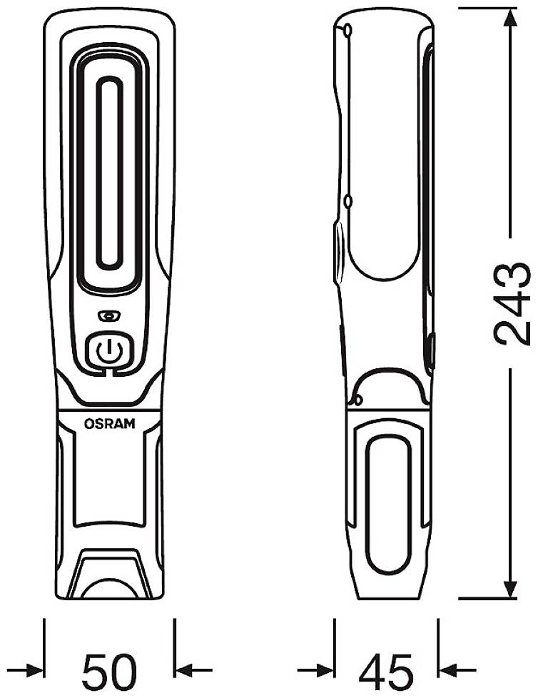 Lampe de poche LED en deux vues : de face et de côté. Dimensions : 50 mm de largeur, 45 mm de profondeur, 243 mm de hauteur. Marquée 'OSRAM'.