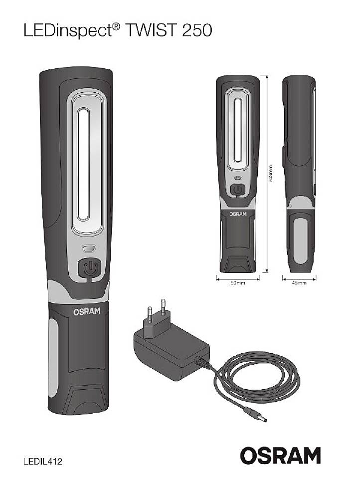 'LEDinspect TWIST 250' Osram lampe de travail, représentée avec son câble de charge. Dimensions de la lampe : 250 mm de hauteur, 50 mm de largeur, 45 mm de profondeur.
