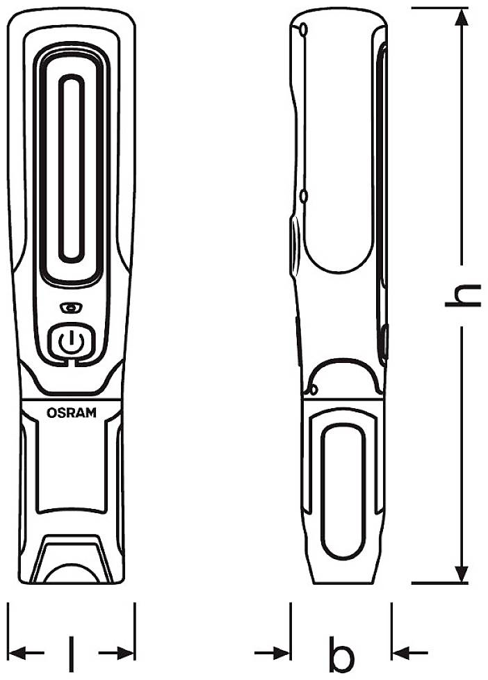 L'image montre deux vues latérales d'une lampe de poche OSRAM. À gauche se trouve la face avant, à droite la vue de côté avec les dimensions h, l, p.