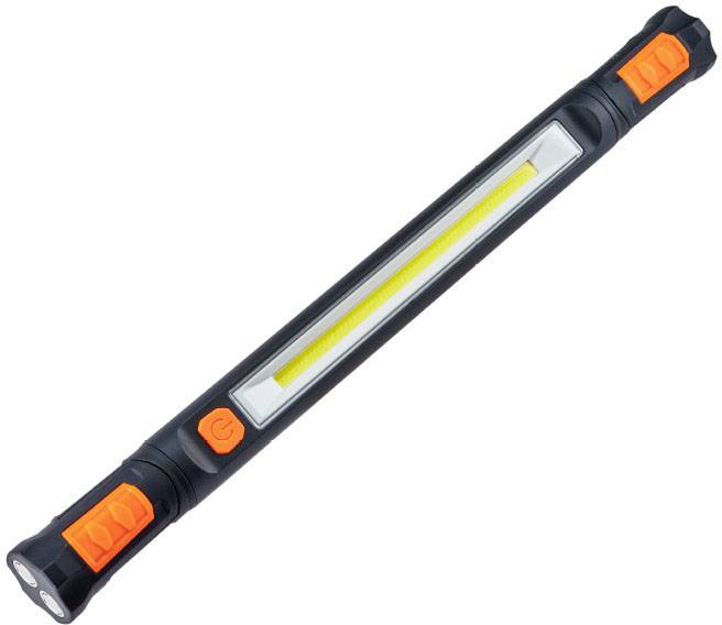 Une lampe de travail LED compacte et portable avec des détails noirs et orange.
