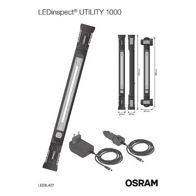 Lampe de poche 'LEDinspect UTILITY 1000' d'OSRAM illustrée avec ses accessoires, incluant l'adaptateur secteur et le câble. Numéro de produit : LEDIL407.