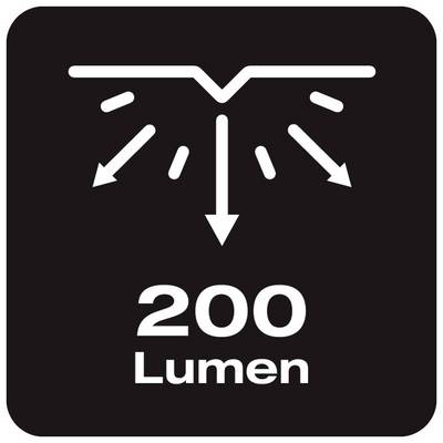 Symbole d'émission lumineuse, flèches pointant dans quatre directions. Texte : 200 lumens.