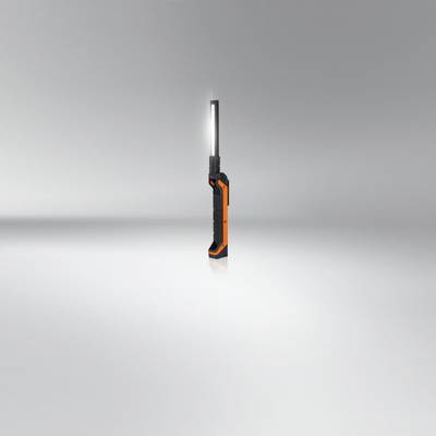 Lampe de travail LED portable au design élégant noir avec des touches d'orange.