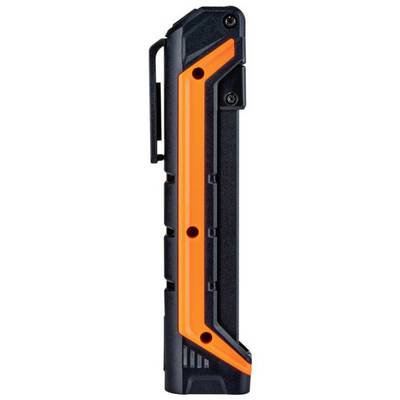 Un outil noir et orange avec plusieurs angles et vis, conçu de manière fonctionnelle et robuste.