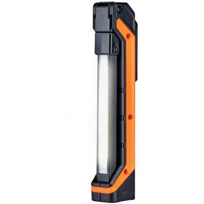 Lampe de travail avec boîtier noir et orange et longue bande lumineuse LED, adaptée pour les ateliers et l'éclairage de chantier.