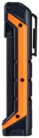 Outil noir et orange en forme de L avec vis de fixation, adapté pour fixer ou assembler des matériaux.