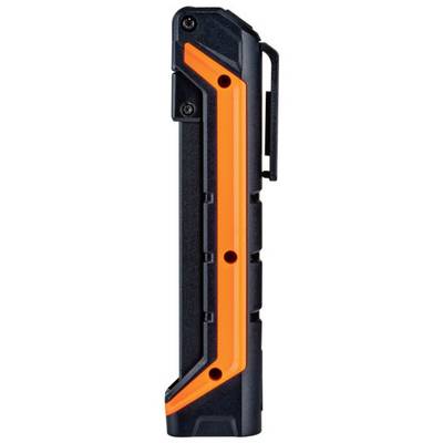 Outil noir et orange en forme de L avec vis de fixation, adapté pour fixer ou assembler des matériaux.