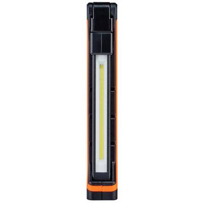 Une lampe de travail LED portable en noir et orange, au design étroit et rectangulaire, adaptée aux travaux d'atelier ou en extérieur.