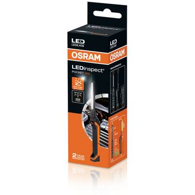 Emballage d'une lampe de travail LED portable OSRAM, modèle 'LEDinspect POCKET 200', avec représentation visuelle des fonctions et luminosité de 200 lumens.