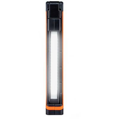 Une lampe LED portable, de couleur noire et orange, au design allongé, parfaite pour une utilisation dans des zones étroites ou sombres.