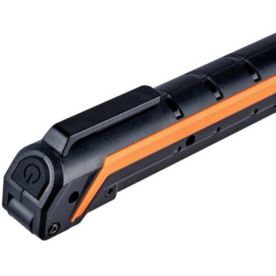 Un appareil noir alimenté par batterie avec une bande orange et un bouton marche/arrêt, probablement un éclairage de vélo.