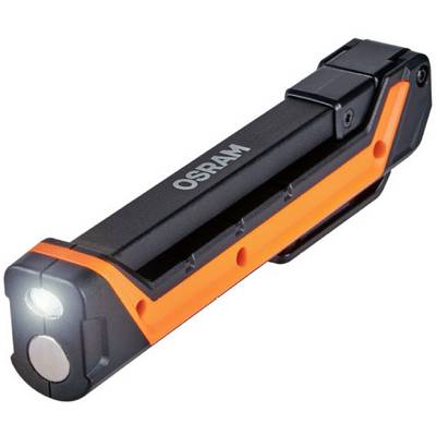 Lampe de poche noire et orange de forme rectangulaire avec l'inscription 'OSRAM' sur le côté, éclairant vers l'avant.