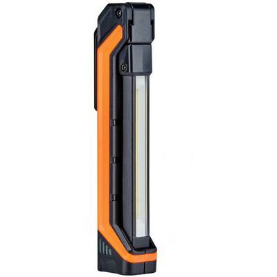 Une lampe LED compacte et portable avec un boîtier noir et orange, adaptée aux travaux manuels ou aux activités de plein air.