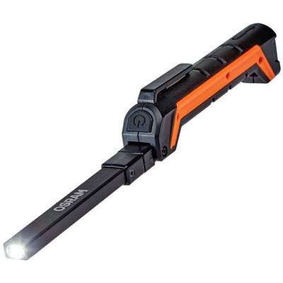 Lampe de poche LED d'OSRAM au design élégant avec un accent orange. Elle éclaire intensément depuis son extrémité avant.