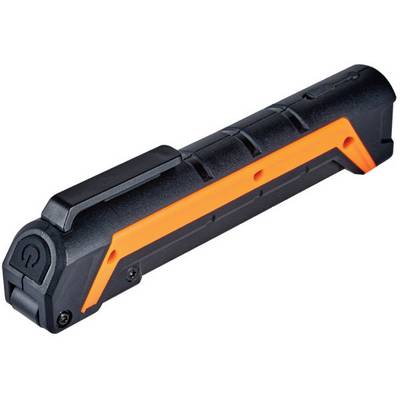 Lampe de poche portable, noire avec une bande orange et un bouton marche/arrêt à une extrémité. Idéale pour les activités de plein air ou les situations d'urgence.