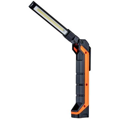 Lampe de travail LED portable en noir et orange, avec tête orientable. Adaptée aux ateliers ou pour une utilisation nomade.