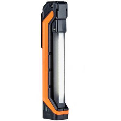 Lampe de travail LED portable et élancée, avec boîtier noir et orange, idéale pour l'atelier et les activités de plein air.