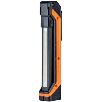 Lampe de travail LED portable avec des accents noirs et oranges, disposée verticalement, adaptée à une utilisation dans les ateliers.
