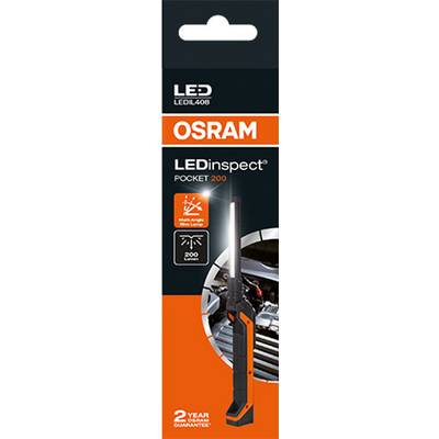 Emballage d'une lampe Osram LEDinspect Pocket 200. Montre une lampe torche LED stylo en noir et orange devant un moteur de voiture ouvert.
