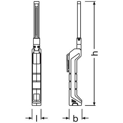 Dessin technique d'un appareil : Vue latérale avec dimensions l, b et h ; présente une forme étroite et rectangulaire avec des détails en saillie.