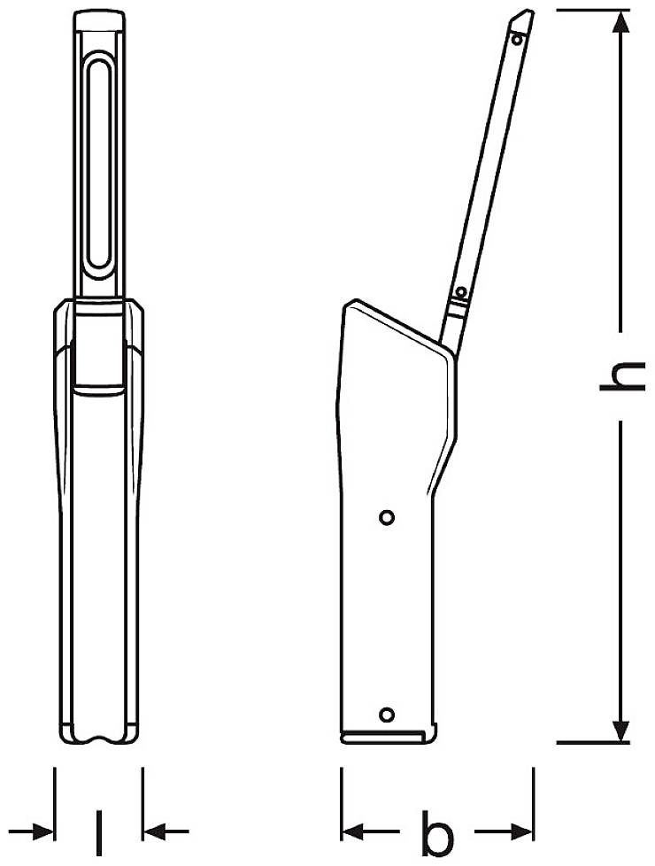 Le diagramme montre une vue latérale et frontale d'un outil avec une poignée et un levier. Annoté avec 'l', 'b', et 'h' pour les dimensions.
