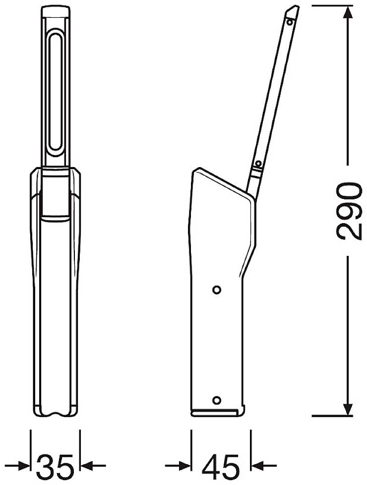 Dessin d'un briquet avec dimensions : largeur 35 mm, profondeur 45 mm, hauteur 290 mm. Vue de face et de côté avec l'embout ouvert.