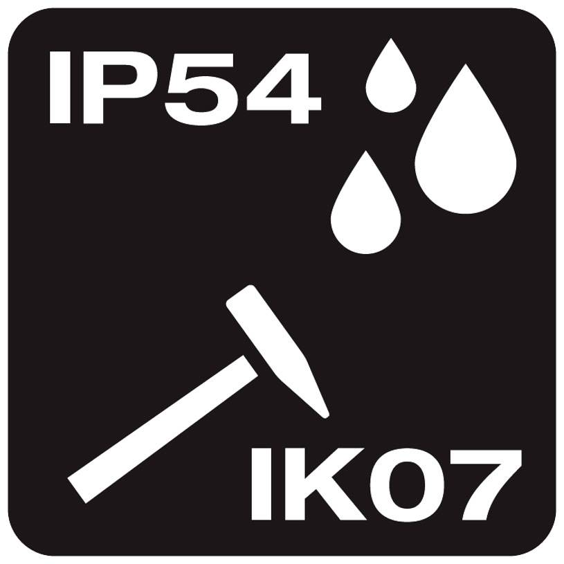Protection IP54 et IK07 - représentée par des gouttes d'eau et un marteau, symbolisant la protection contre la poussière, les projections d'eau et les chocs.