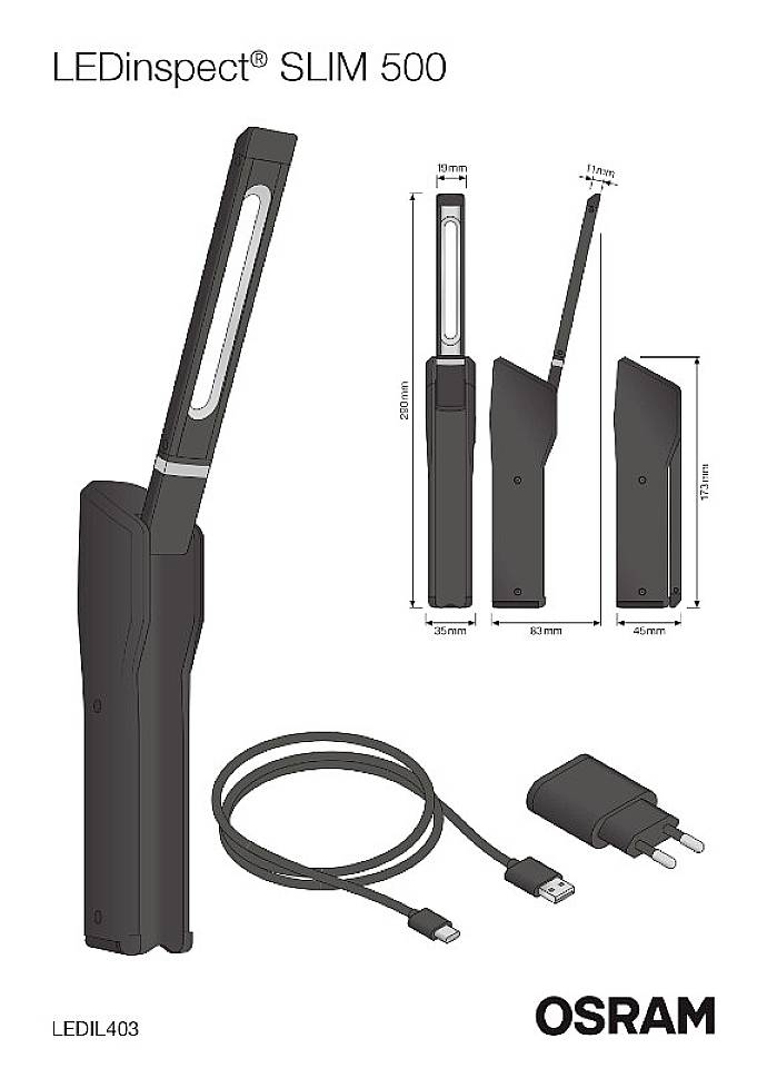 'OSRAM LEDinspect SLIM 500' : Représentation d'une lampe LED élancée avec ses dimensions, câble USB et chargeur secteur ; design portable.