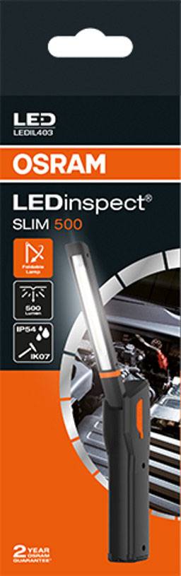 'OSRAM LEDinspect Slim 500' Lampe LED présentée dans son emballage, adaptée aux inspections de véhicules, offrant jusqu'à 500 lumens avec une protection IP54/IK07.
