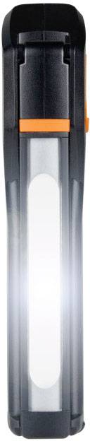 Lampe de poche en noir et gris avec une bande blanche lumineuse et marquante au centre et des accents orangés.