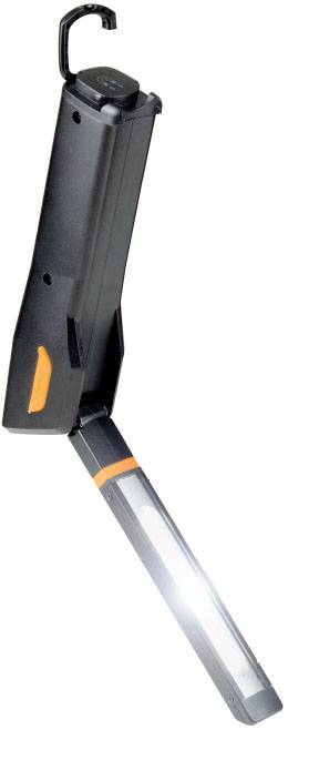 Lampe LED portable avec crochet, noir et orange, pliable, adaptée aux zones de travail ou au camping.