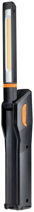 Lampe LED portable noire au design élégant avec un accent orange ; idéale pour un éclairage précis.