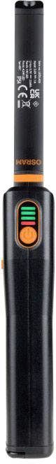 Briquet électronique avec boîtier noir et accents orange. Port USB et indicateur LED du niveau de batterie.