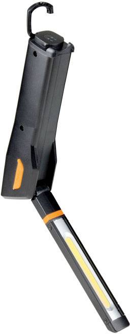 Lampe de travail LED portable noire avec poignée et crochet réglables, idéale pour l'atelier ou une utilisation en extérieur.