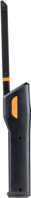 Briquet électronique noir avec des touches orange, design élégant, col long et mécanisme d'allumage intégré.