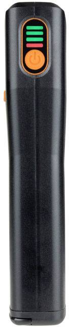 Tondeuse sans fil noire avec bouton marche/arrêt orange et voyant de charge vert sur l'avant.