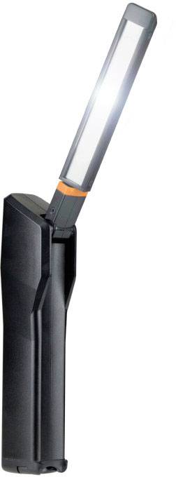 Lampe de travail LED portable avec tête de lampe rectangulaire et pliable. Elle est fabriquée en matériau noir avec un insert orange.