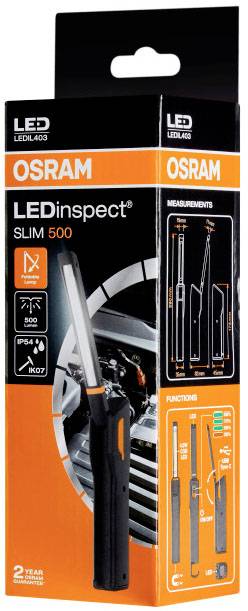 'LEDinspect SLIM 500' d'OSRAM : Emballage représentant une lampe LED élancée pour les réparations automobiles. Les fonctionnalités et les dimensions sont illustrées.