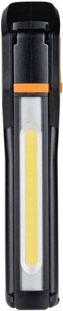 Une lampe de poche portable, noire, avec une longue bande lumineuse rectangulaire au centre. Zone supérieure marquée d'un accent orange.