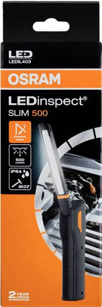 Emballage de la lampe LED 'OSRAM LEDinspect SLIM 500'. Présente une lampe de travail élancée, adaptée aux réparations automobiles, offrant 500 lumens.