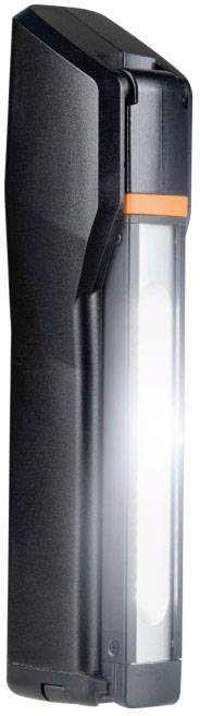 Lampe de poche LED noire avec une bande lumineuse au centre, poignée mobile, adaptée à une utilisation dans des environnements sombres.