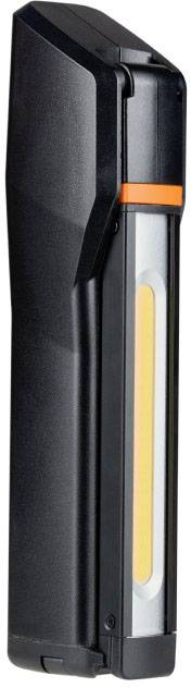 Une lampe de travail LED portable et rechargeable en noir, avec un accent orange et une bande lumineuse blanche au centre.