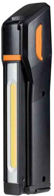 Lampe torche LED portable avec boîtier noir et accent orange, debout, avec vue latérale sur la bande lumineuse.