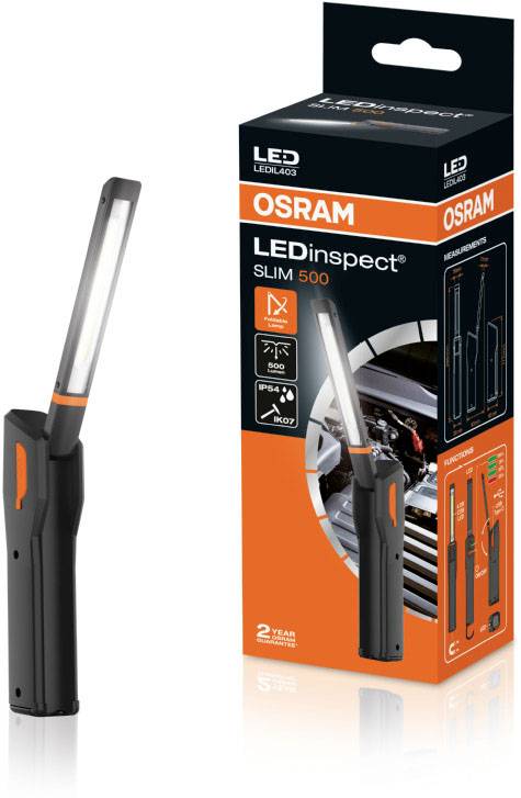 Lumière de travail 'OSRAM LEDinspect Slim 500' au design élancé. L'emballage présente l'éclairage, les fonctionnalités comme la fixation magnétique et l'accent mis sur les inspections de véhicules.