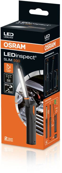 Lampe de travail LED 'OSRAM LEDinspect Slim 500' Emballage avec image de la lampe et application automobile. Caractéristiques et fonctions au verso.