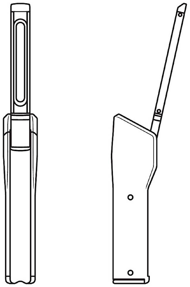 Dessin d'un stylo se repliant dans un étui allongé. Fermé à gauche, ouvert à droite.