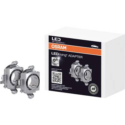 Deux adaptateurs LED, de couleur argent, devant un emballage portant l'inscription « OSRAM LEDriving ADAPTER ». L'emballage illustre les applications.
