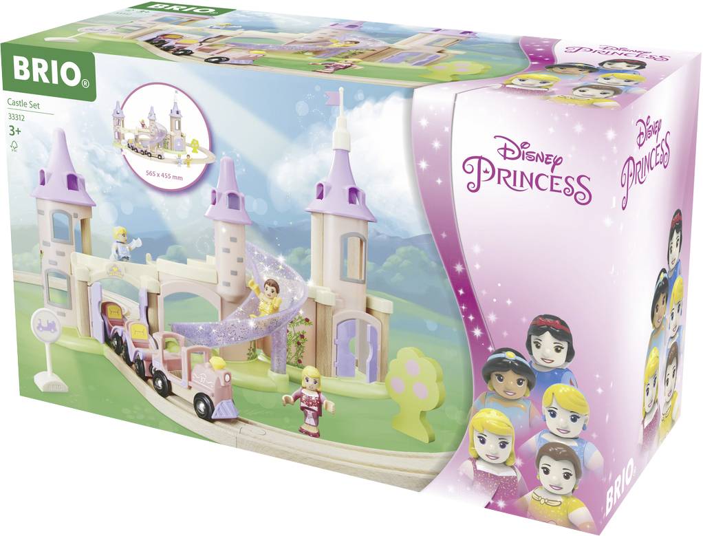 Ensemble de jouets de construction style Lego pour enfants à partir de 3 ans sur le thème des Princesses Disney. Représente un château, un train et des personnages sur l'emballage.